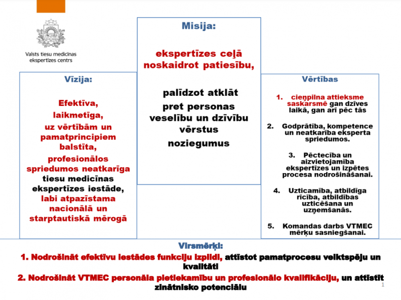 Tabula, kurā uzskaitītas Valsts tiesu medicīnas ekspertīzes centra vīzija, misija un vērtības